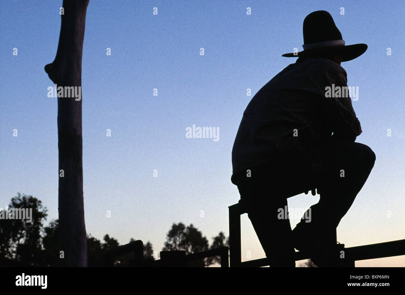 Silhouetted Cowboy Leaning Against Fence Stock Photo