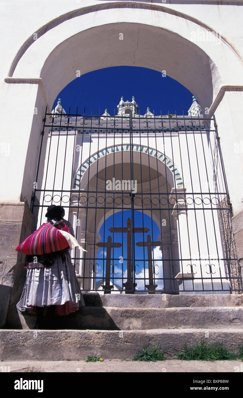 Bolivian Woman Outside Cathedral Gates Stock Photo