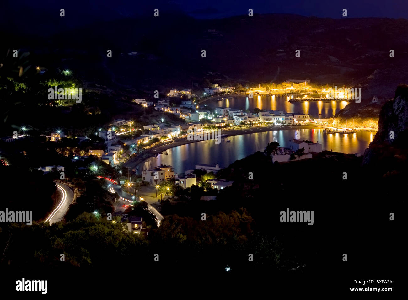 Kapsali Bay and village at night, Kithira island, Greece Stock Photo