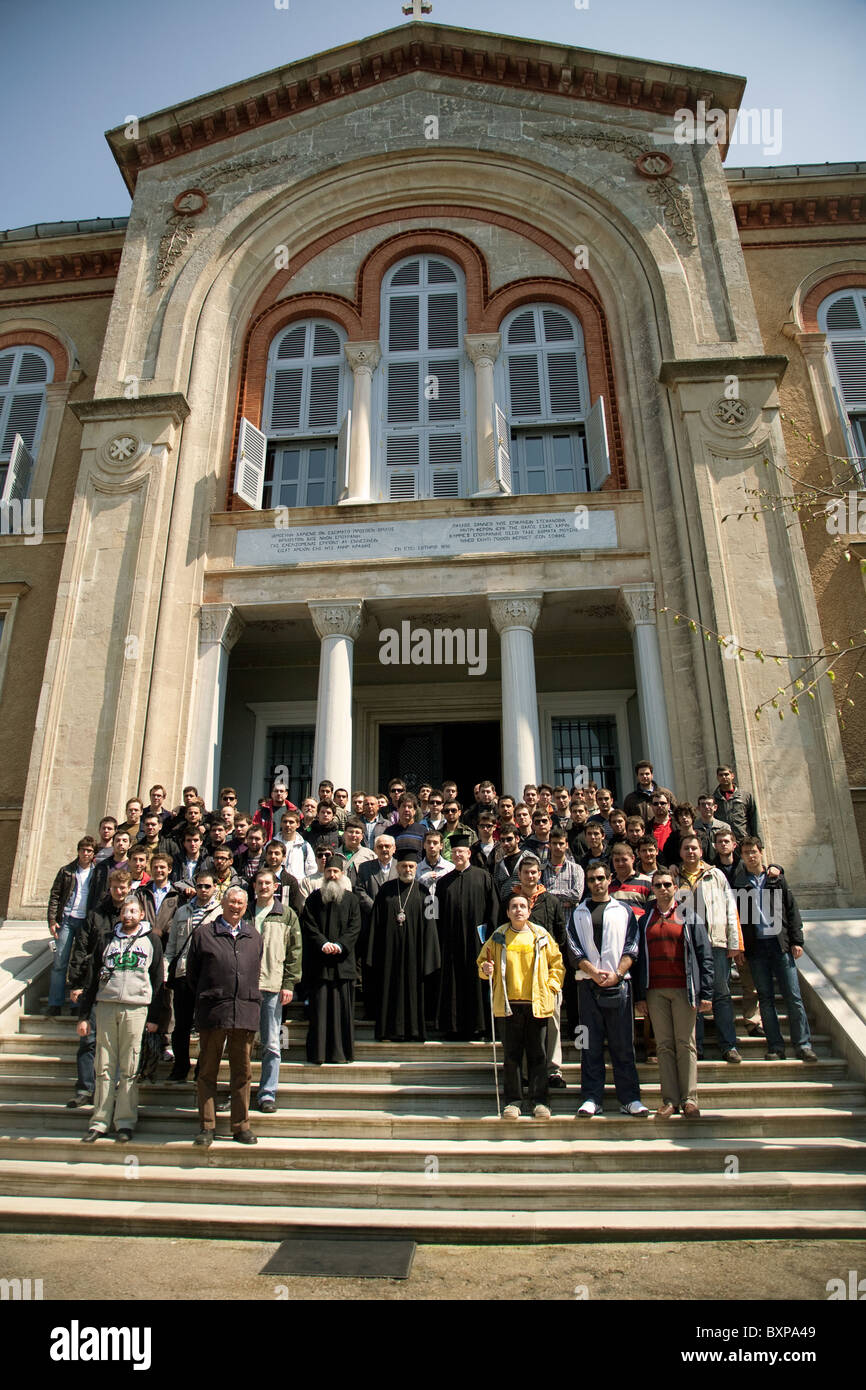 Tourists in front of the Halki Seminary on Heybeliada island near Istanbul, Heybeliada, Turkey Stock Photo