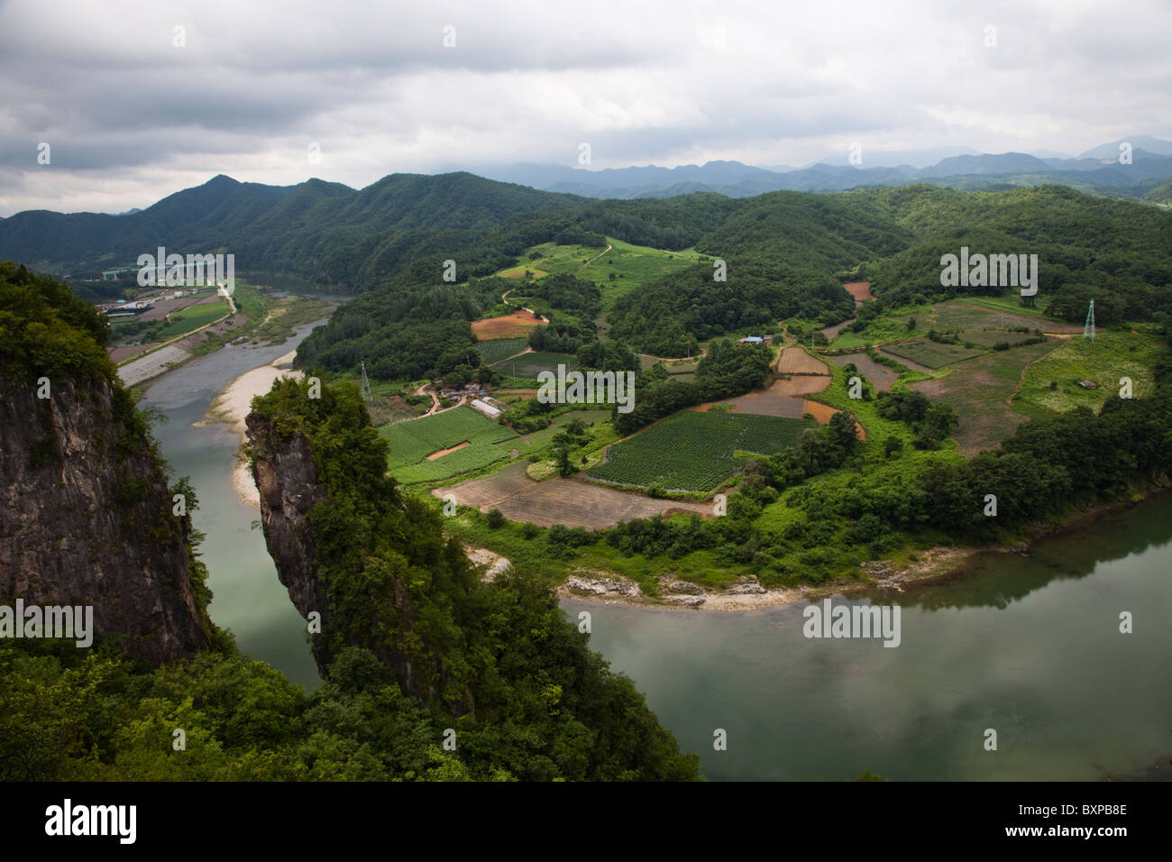 View of Seondol River from a 70m high rock inYeongwol Province, South Korea Stock Photo