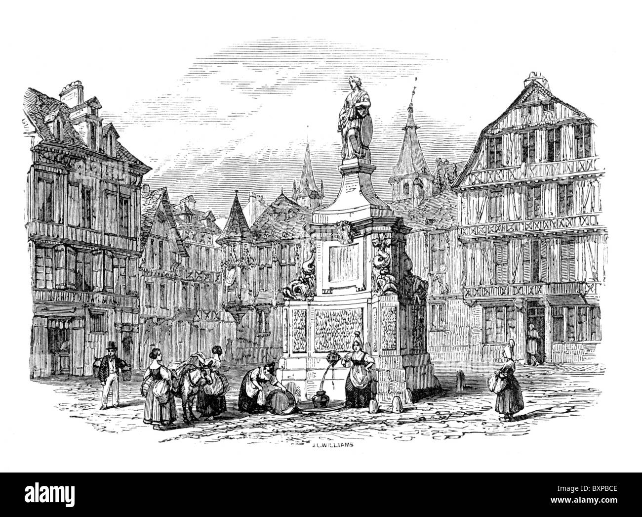 The Old Market Place, Rouen, Normandy, France, and the statue of Joan of Arc 19th century Black and White Illustration; Stock Photo