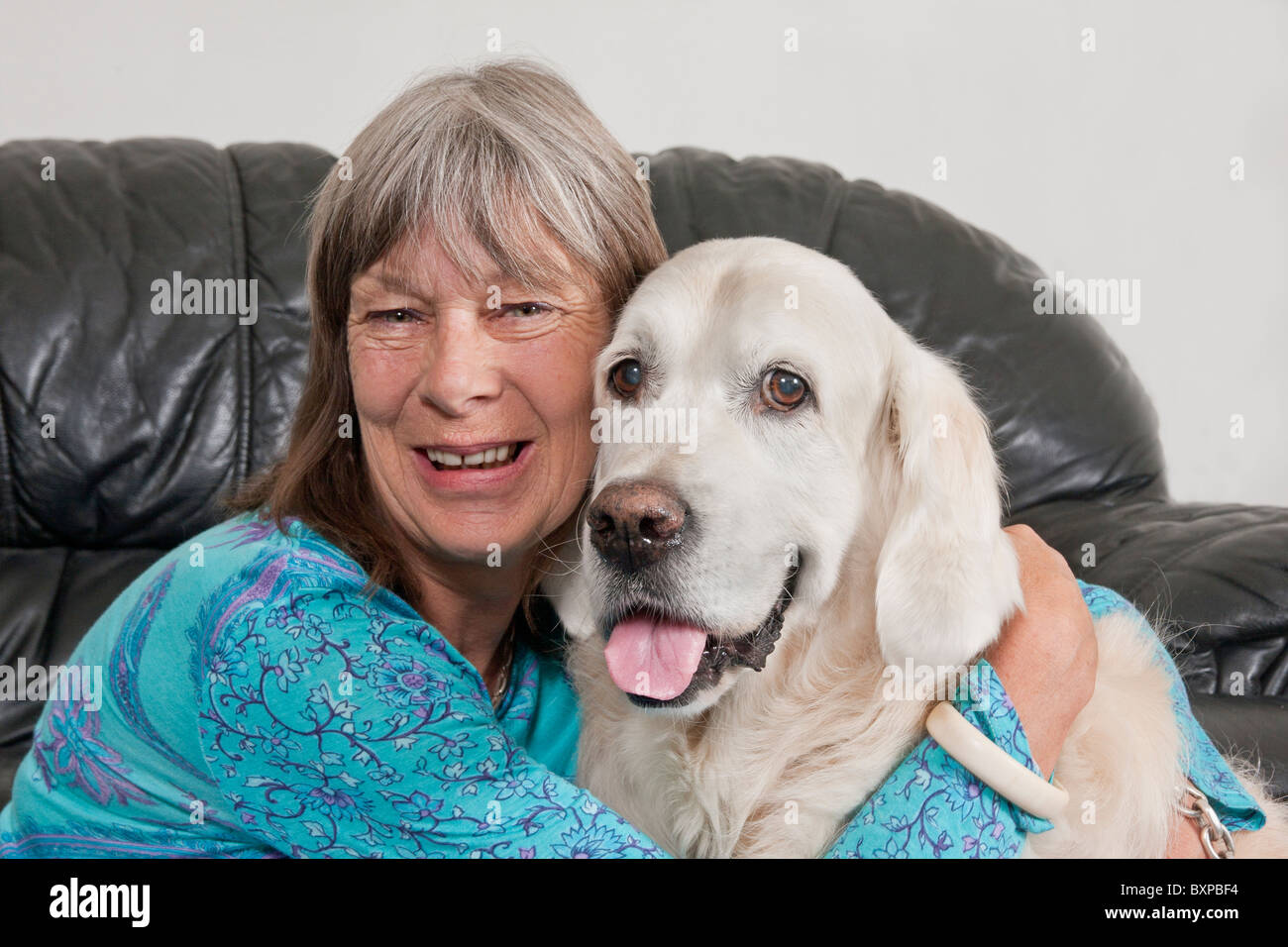 portrait woman with her golden retriever at home Stock Photo - Alamy