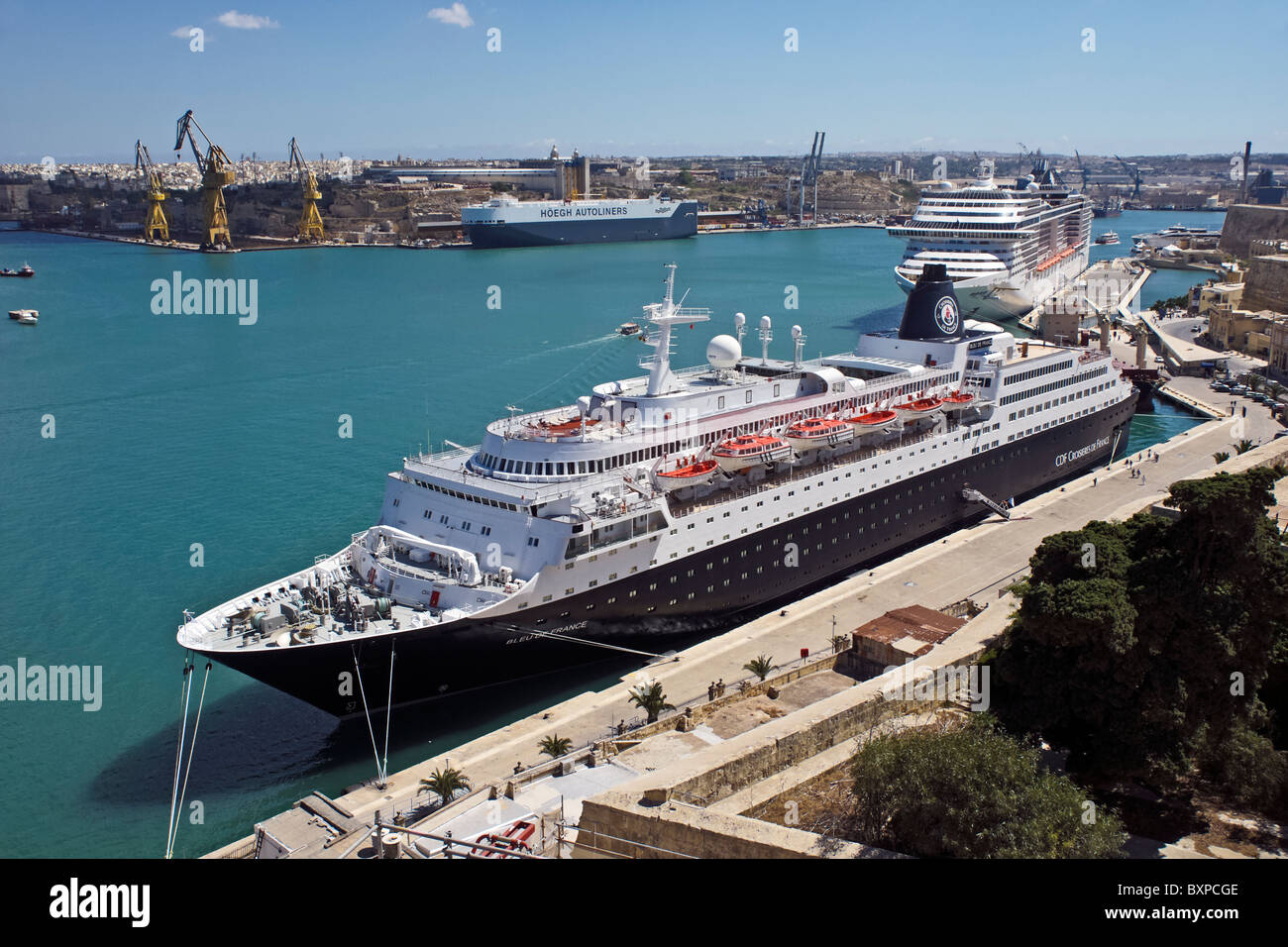 CDF Croisieres De France Cruise ship liner MS Bleu De France berthed in the grand harbour of Valletta in Malta Stock Photo