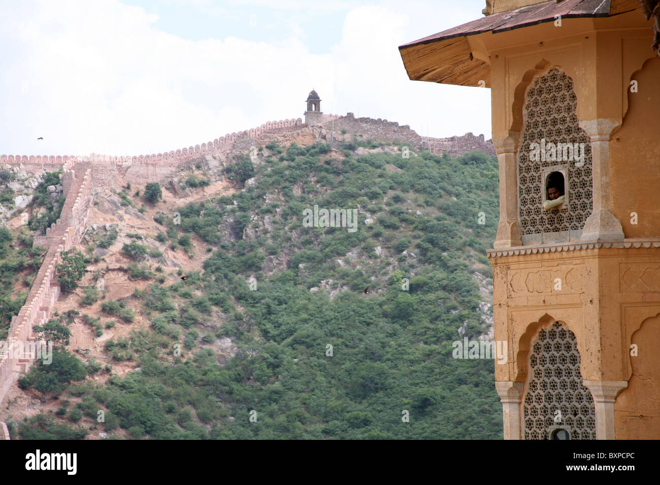 Looking out at the view from the ramparts at the Amber Fort near Jaipur, Rajasthan in India Stock Photo