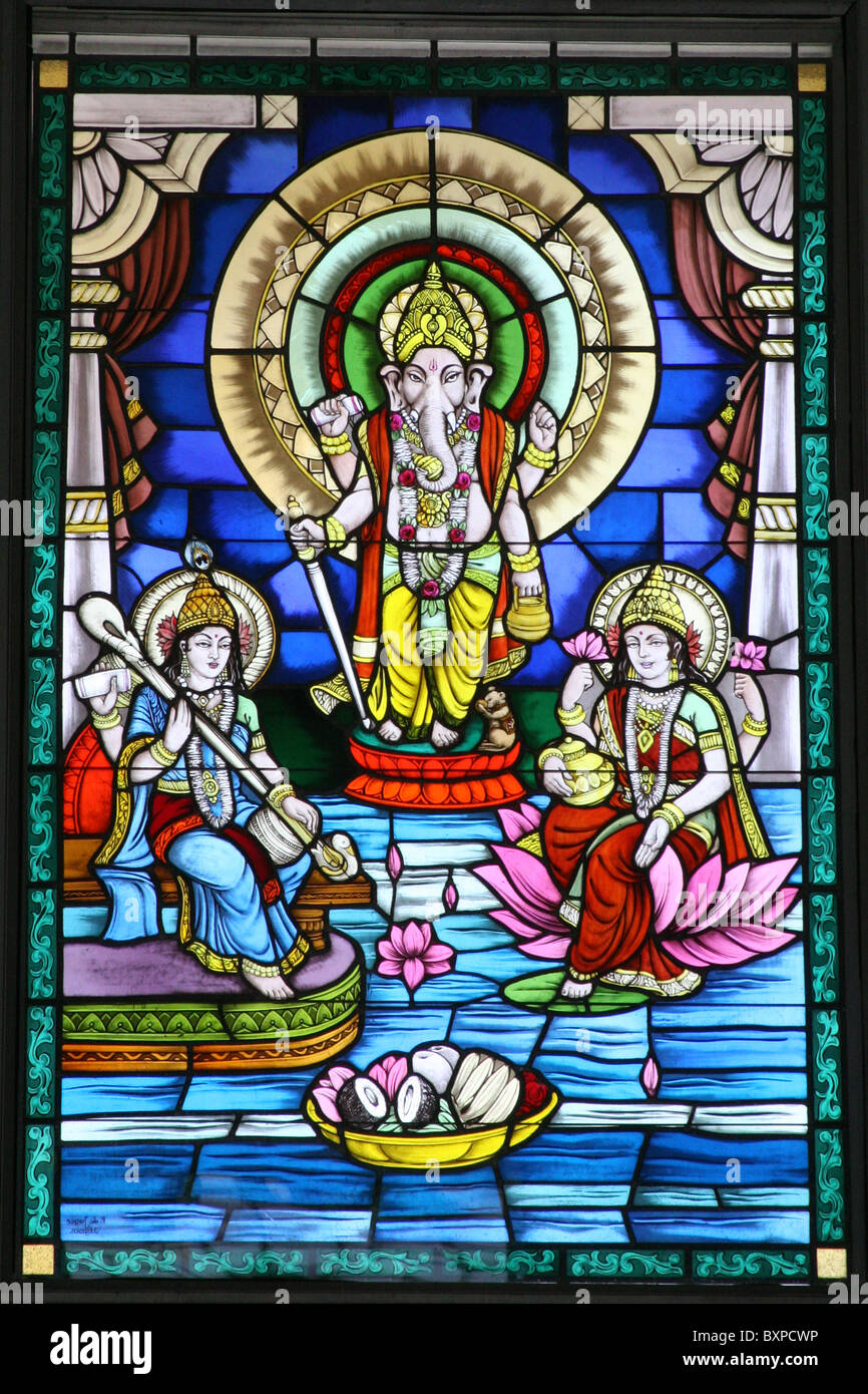 Beautiful stained glass Ganesh window in the Shri Lakshmi Narayan Temple, Jaipur, Rajasthan in Northern India Stock Photo