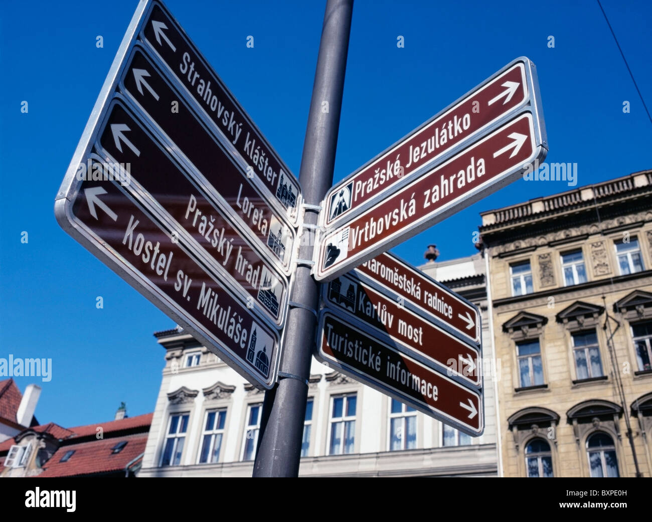 Signposts Pointing Out Landmarks In Prague Stock Photo