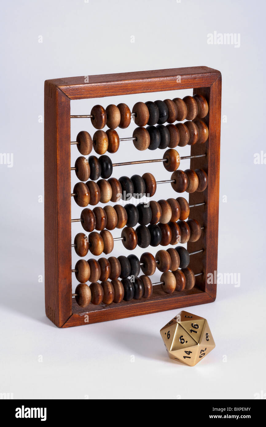 Wooden Abacus with numbered multi sided dice Stock Photo