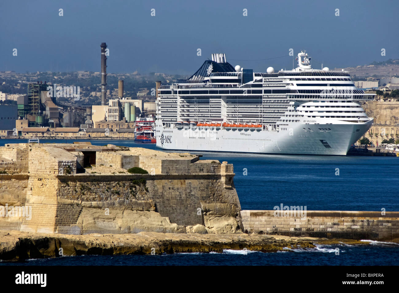 MSC Cruises cruise ship Splendida berthed in the Grand Harbour of Valletta in Malta Stock Photo
