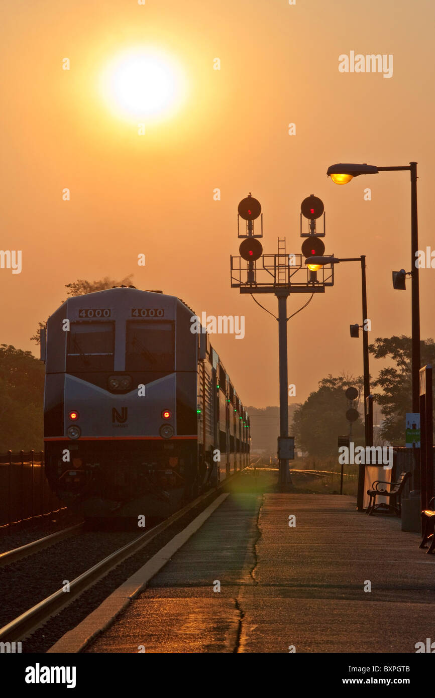 New Jersey Transit commuter train at dawn in Bound Brook, New Jersey