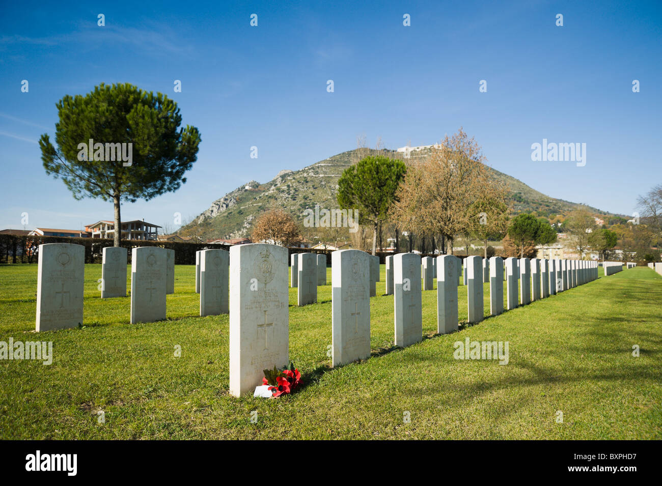 Wide angle lenses view of Cassino war cemetery, WW II (1939-1945) British allied forces war cemetery Stock Photo
