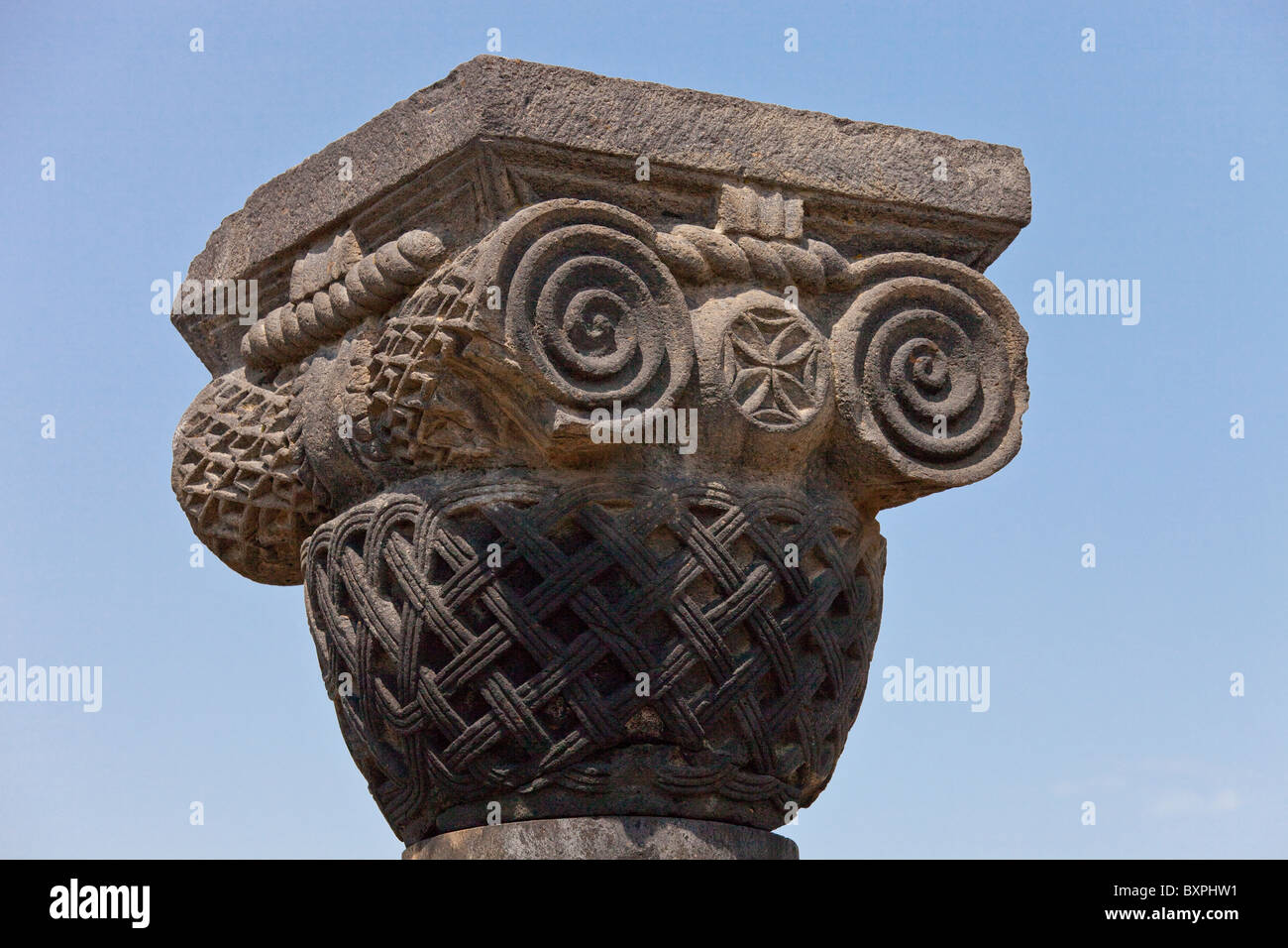 Detailed capital, ruins of Zvarnots Cathedral near Yerevan Armenia Stock Photo
