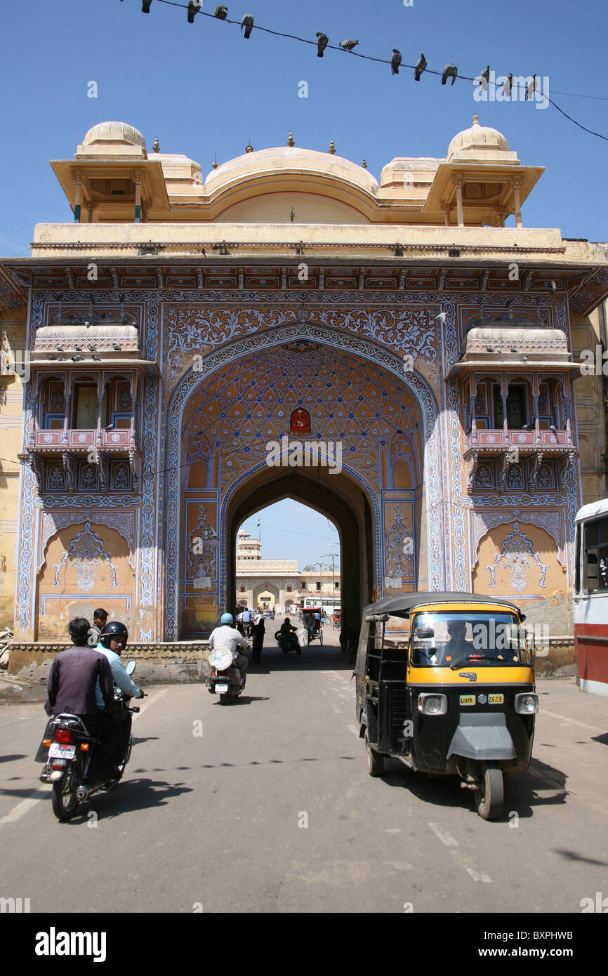 Ornate blue and yellow gate entering the Old City at Jaipur Stock Photo