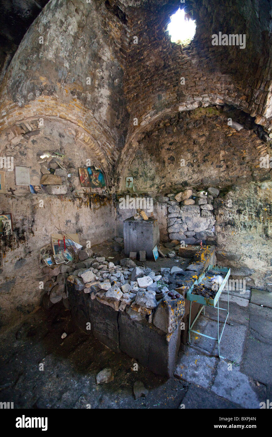 Makeshift alter inside the Armenian Church in the Fortress of Lori Berd in Northern Armenia Stock Photo