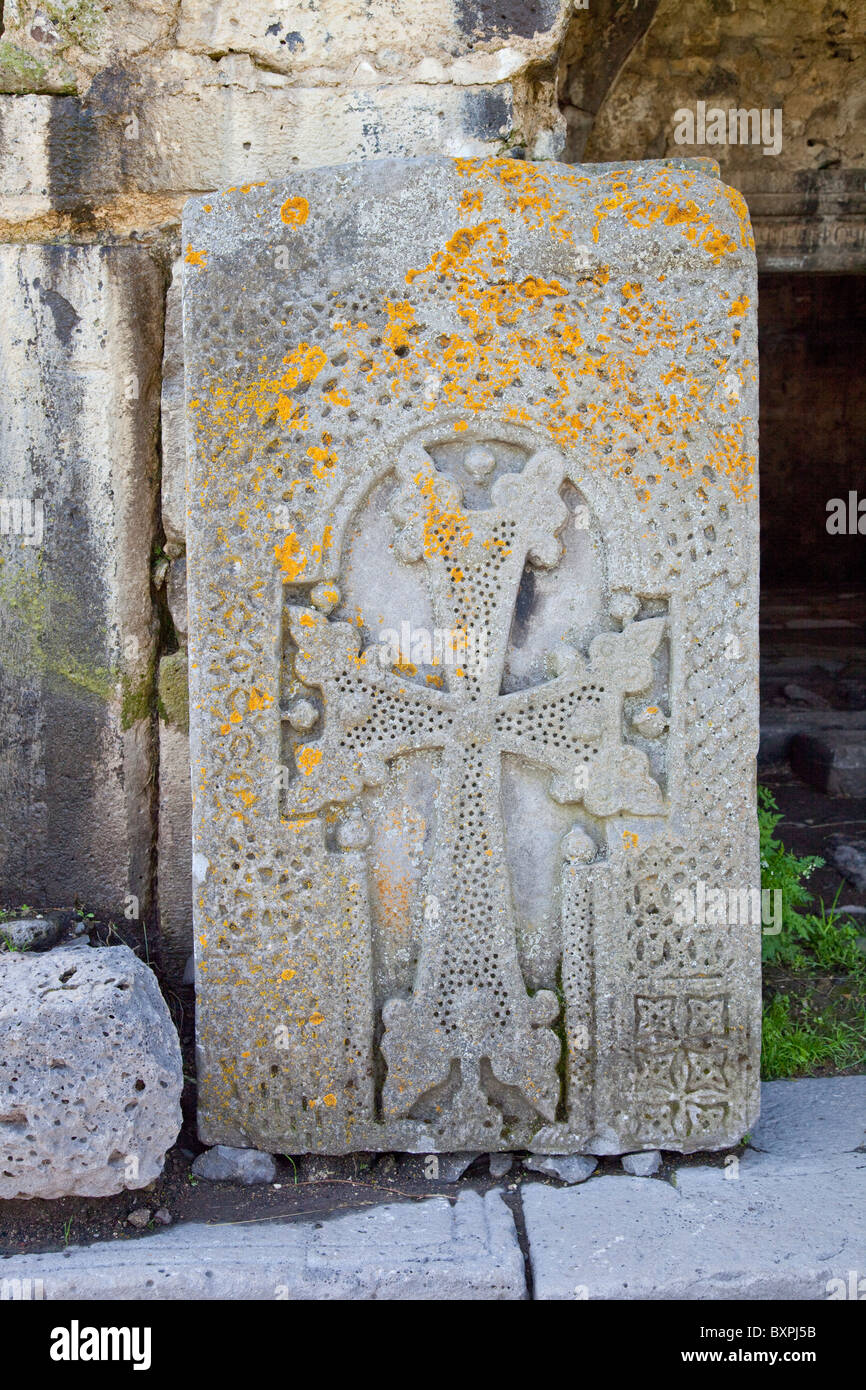 Stone cross inside the Fortress of Lori Berd in Northern Armenia Stock Photo