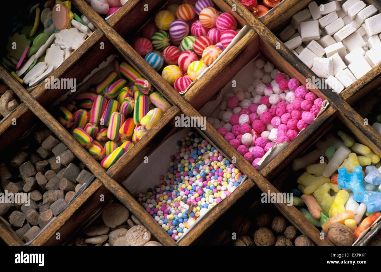 Sweets On Shelves At Witches Market, Close Up Stock Photo