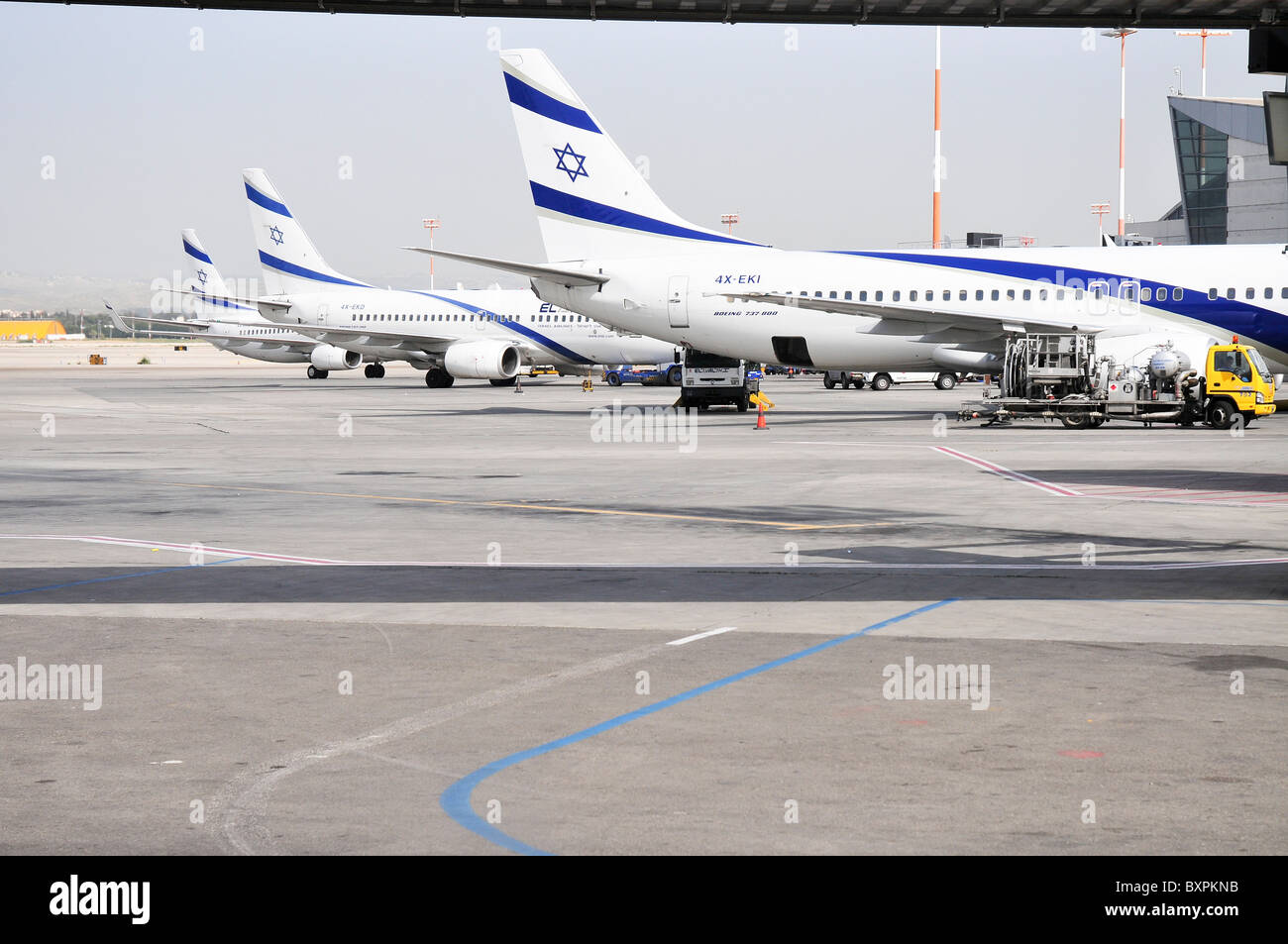 Israel, Ben-Gurion international Airport A line of El Al passenger Jets on the ground Stock Photo