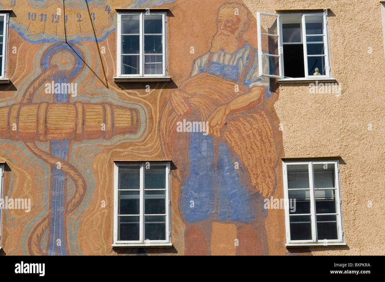 Large Mural Of Rural Life On Building, Close Up Stock Photo