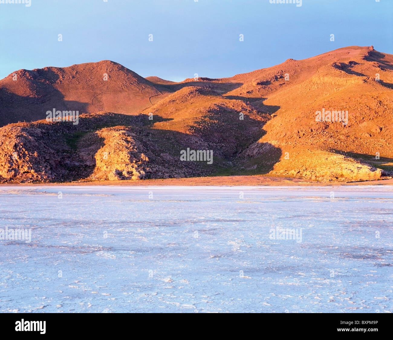 Uyuni Salt Flat And Hills At Sunrise Stock Photo