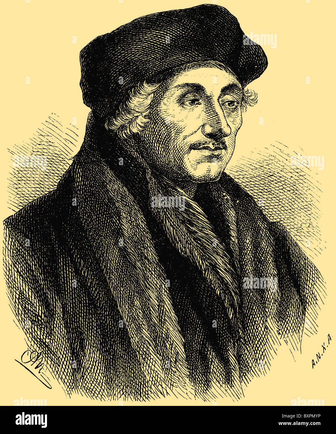 Desiderius Erasmus Roterodamus (1466 – 1536), Desiderius Erasmus of Rotterdam, Dutch Renaissance humanist and a Catholic priest Stock Photo