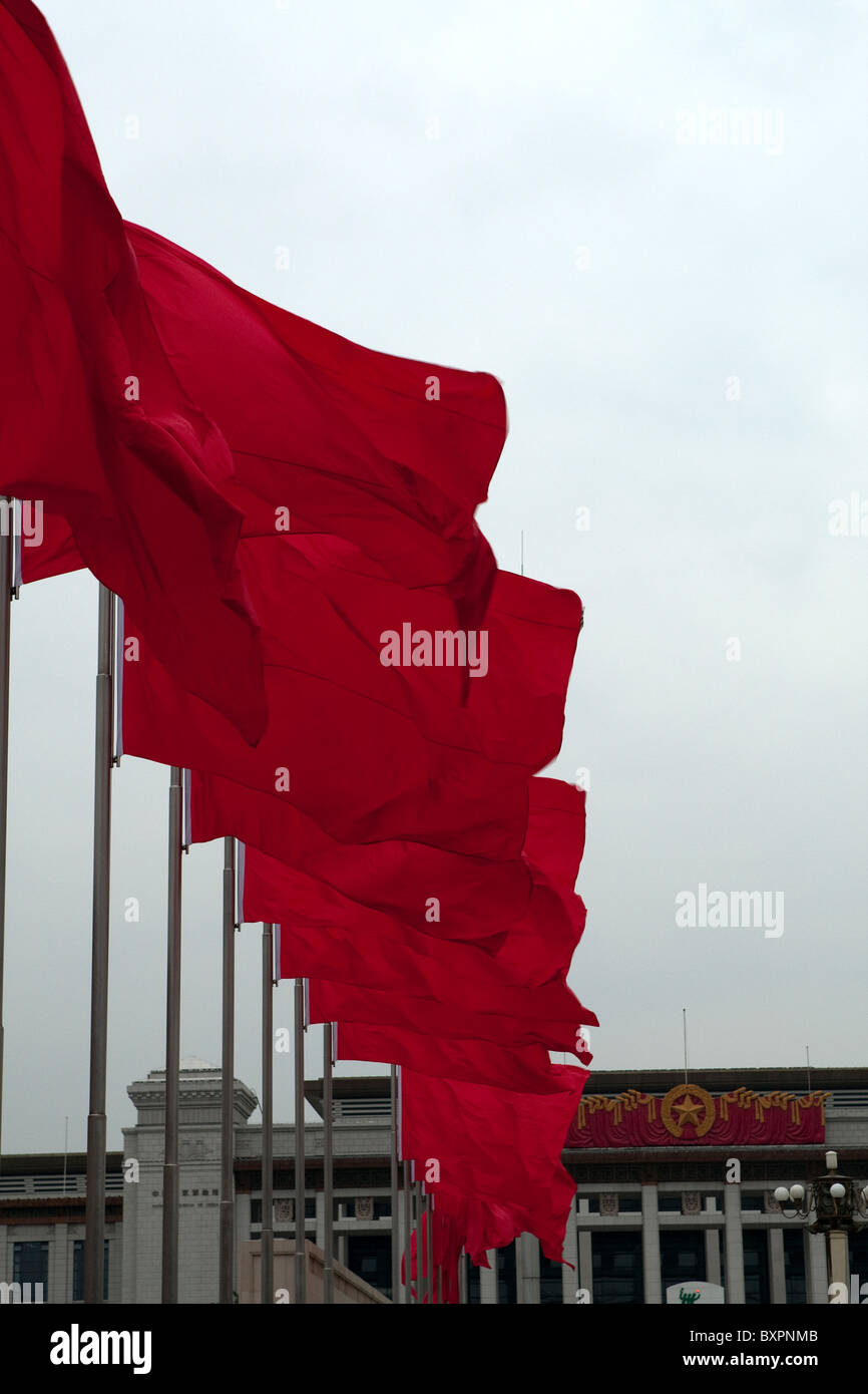 Tiananmen Square, Beijing, China - flags + National Museum Stock Photo