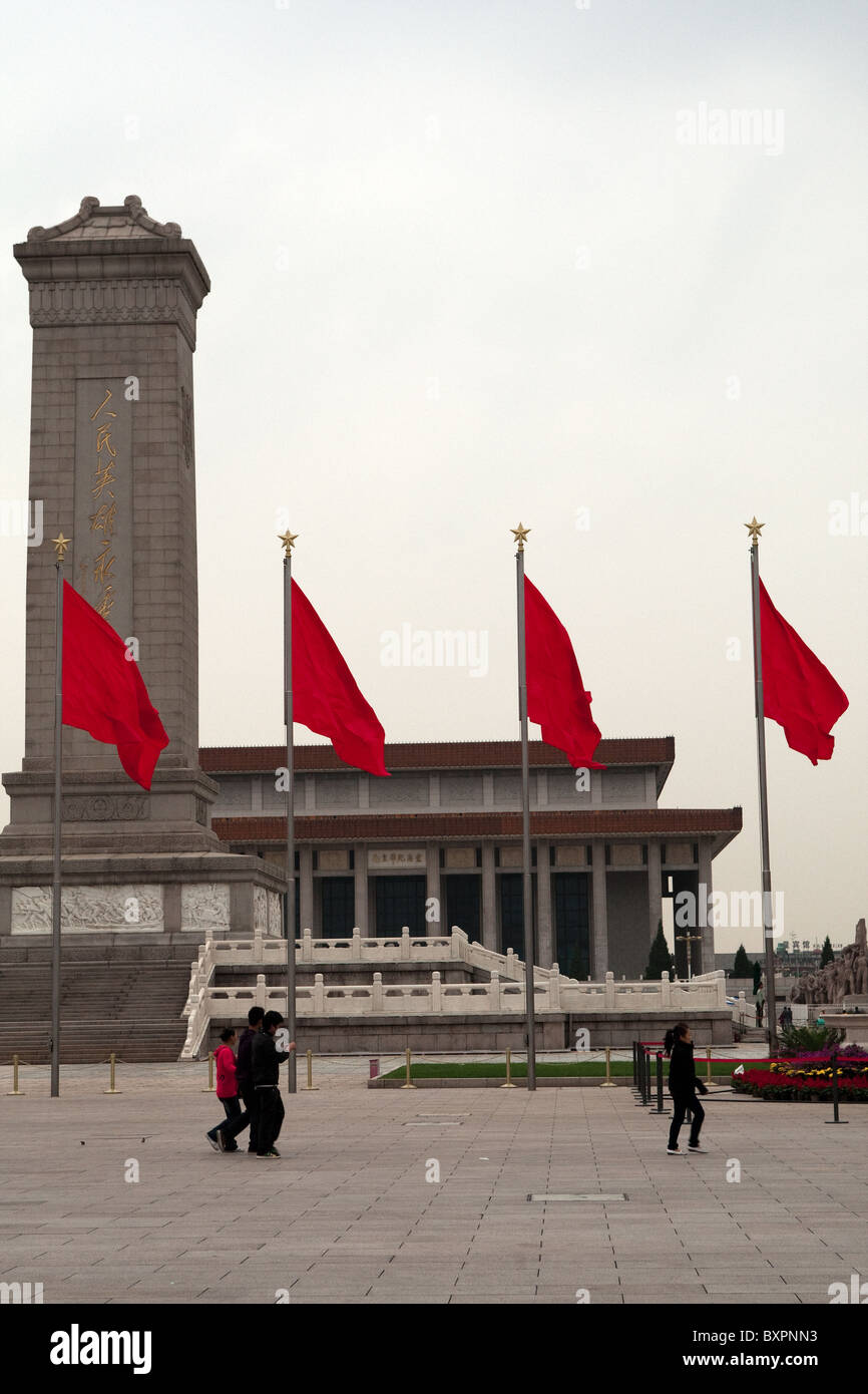 Tiananmen Square, Beijing, China - flags + Monument + Mao's Mausoleum Stock Photo