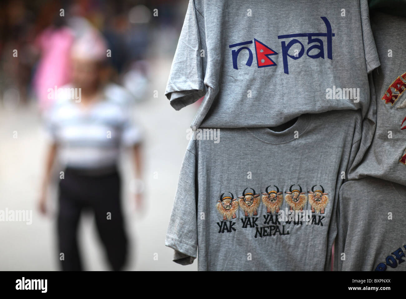T shirts on display at a shop in in Kathmandu, Nepal in Asia Stock Photo