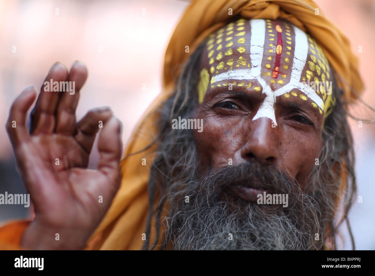 A Hindu Sadu (or ascetic) holy man in Durbar Square, Kathmandu, Nepal. Stock Photo