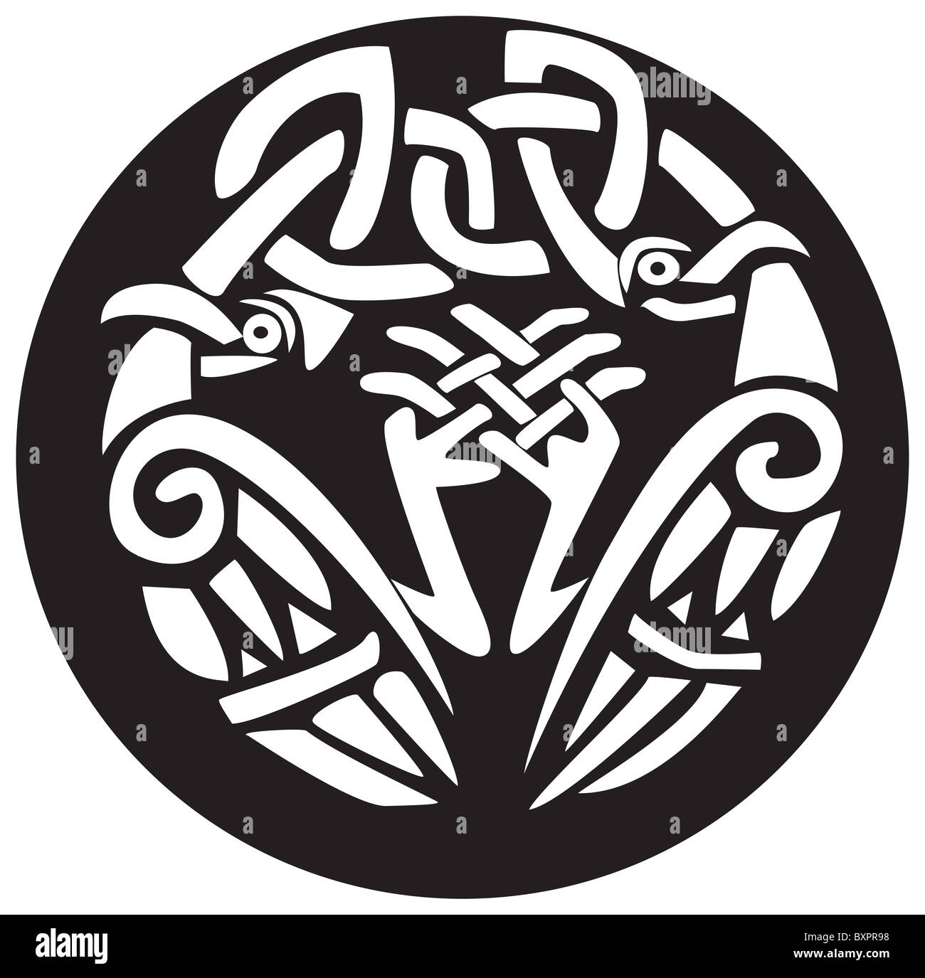 A black and white illustration of a traditional Celtic design abstractly depicting two knotted Viking birds. Stock Photo