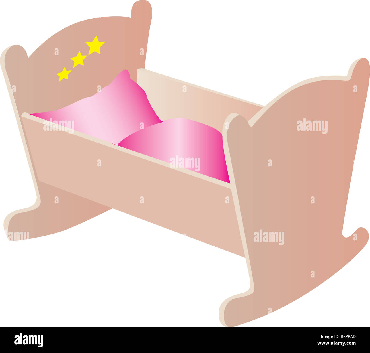 An illustration of a small wooden cradle with pink bedding Stock Photo