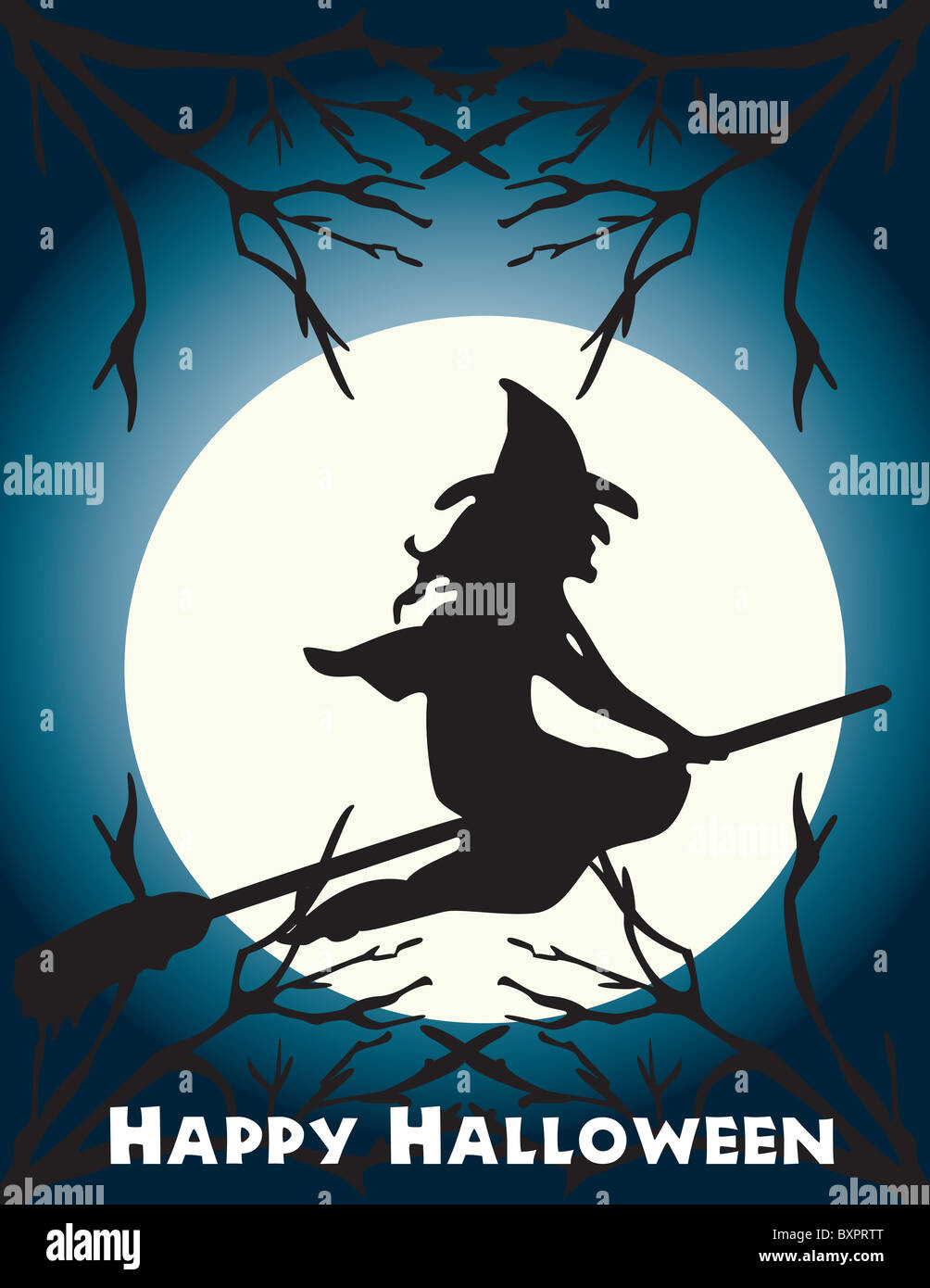 Halloween flying witch on a broom scene, full . Vector illustration
