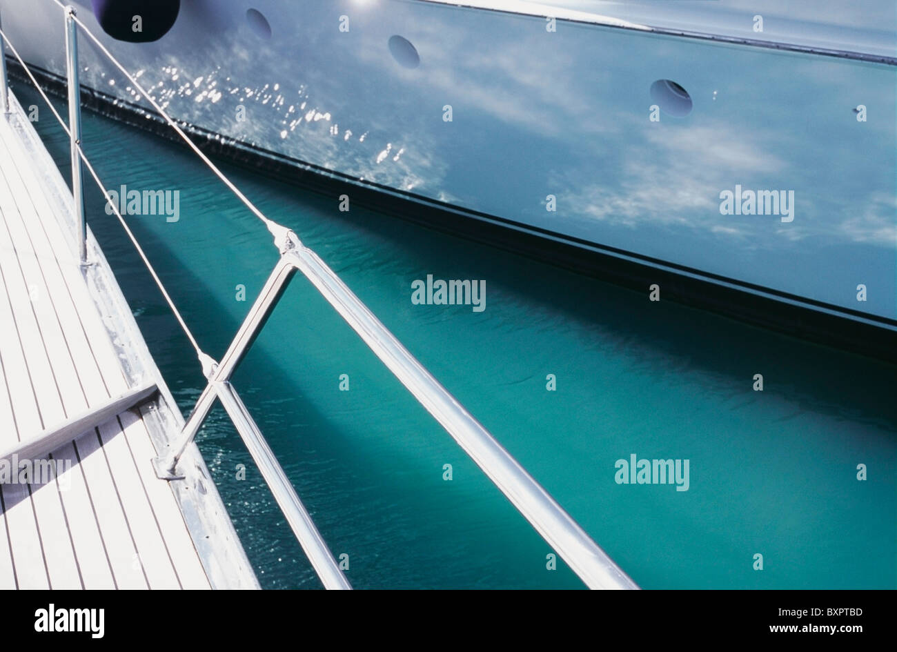 Sailing Boat Deck With Reflection Of Ocean On Boat Stock Photo - Alamy