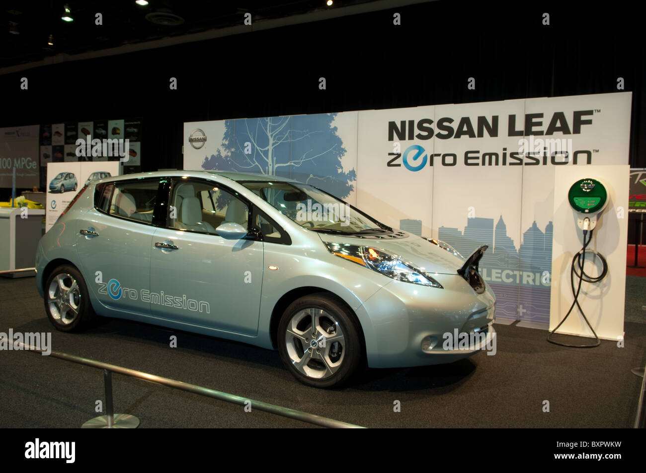 Nissan Leaf electric car at the 2010 North American International Auto Show in Detroit. Stock Photo