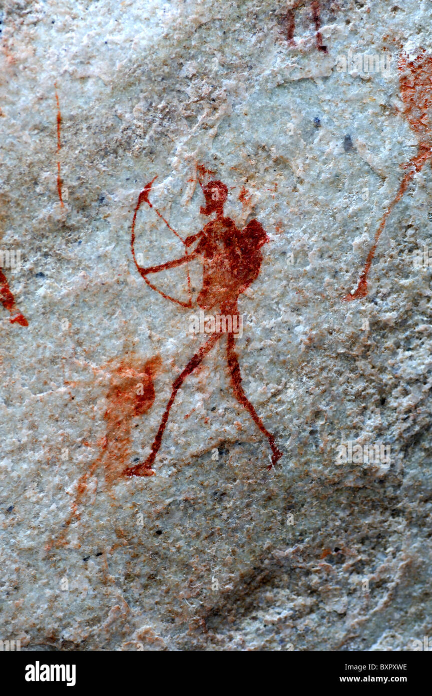 Archer, shown with the bowstring drawn back, prehistoric rock paintings by the San people, Cederberg Mountains, South Africa Stock Photo
