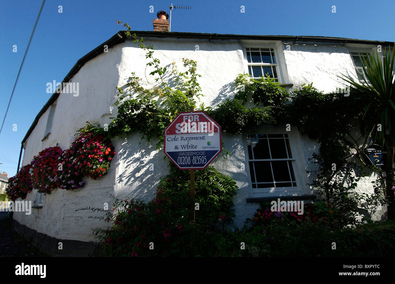 A For Sale sign on an old whitewashed cottage with colourful hanging baskets of flowers in a Cornish village . Stock Photo