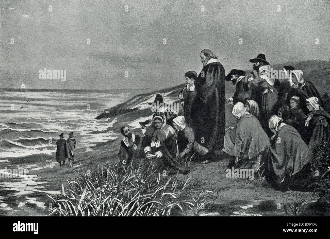 The Pilgrims at Plymouth watching the Mayflower depart for England in April 1621. Stock Photo