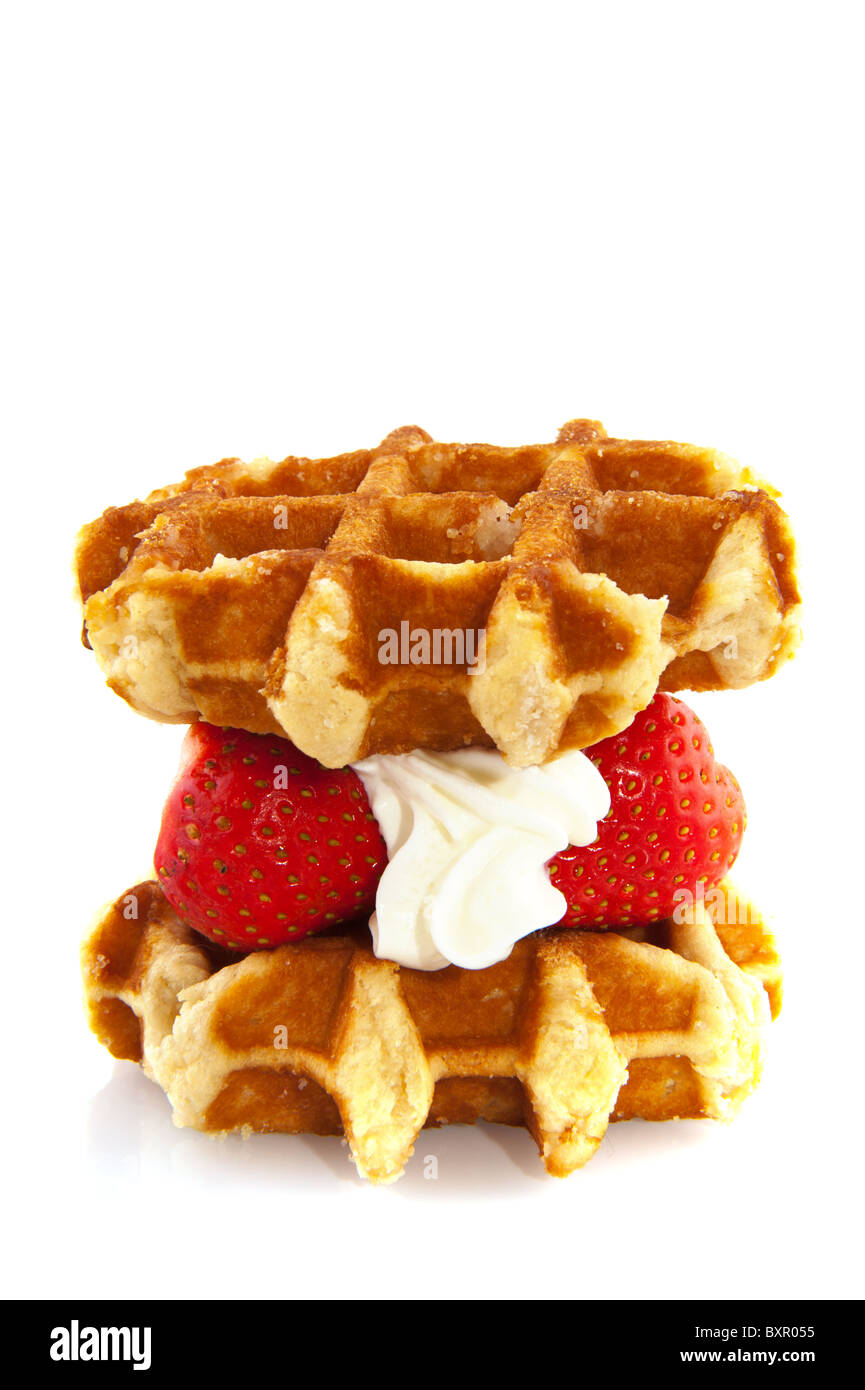 Belgium waffle with fruit and whipped cream Stock Photo - Alamy