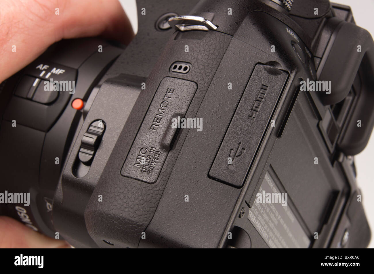 Sony Alpha 580 camera (2010) - digital SLR - covers for interface connections Stock Photo