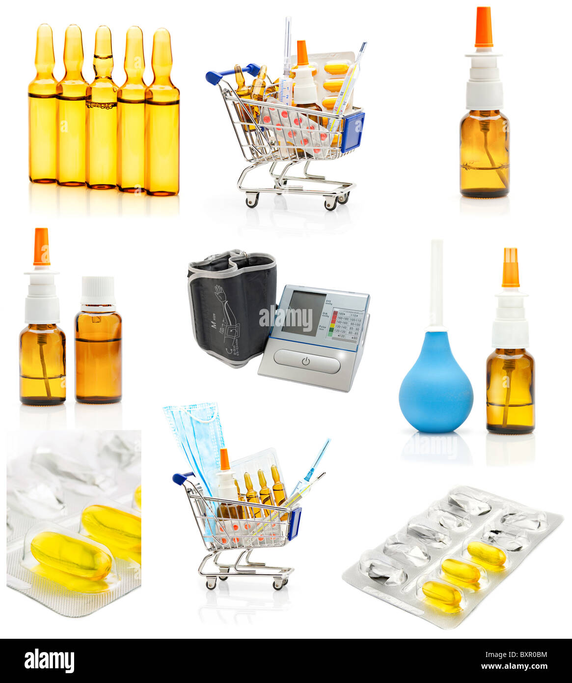 Pharmacy background. Set of medications and medicine tools Stock Photo
