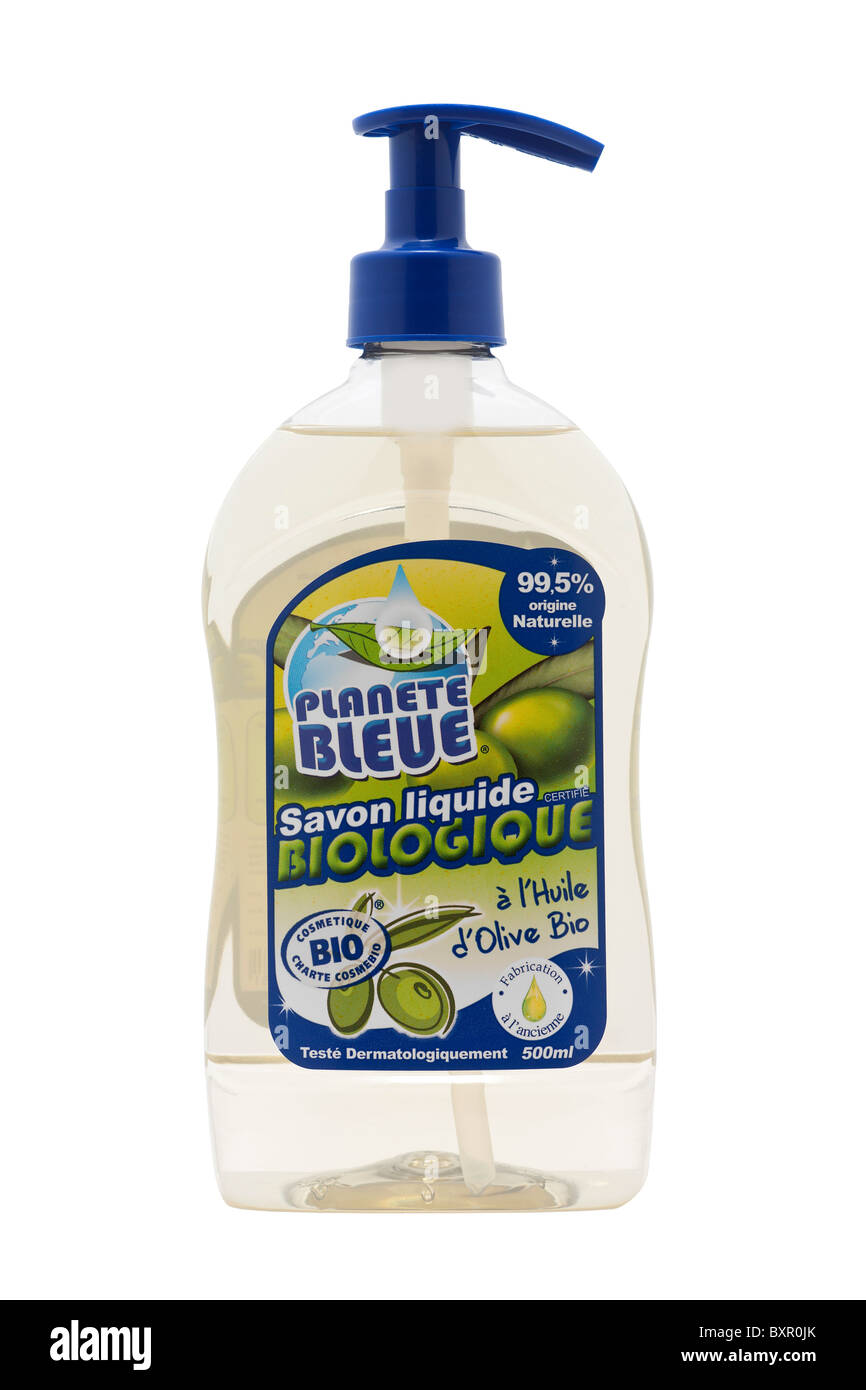 A bottle of an organic liquid soap with organic olive oil. Savon liquide biologique à l'huile d'olive bio en flacon. Stock Photo