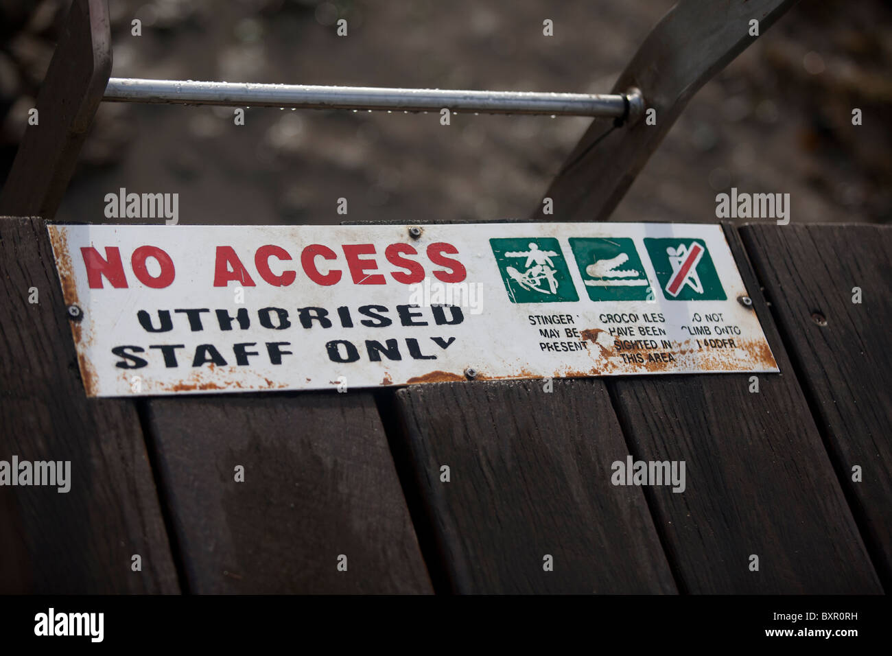 No Access due to danger from crocodiles in area sign. Esplanade in Cairns Queensland, Australia. Stock Photo