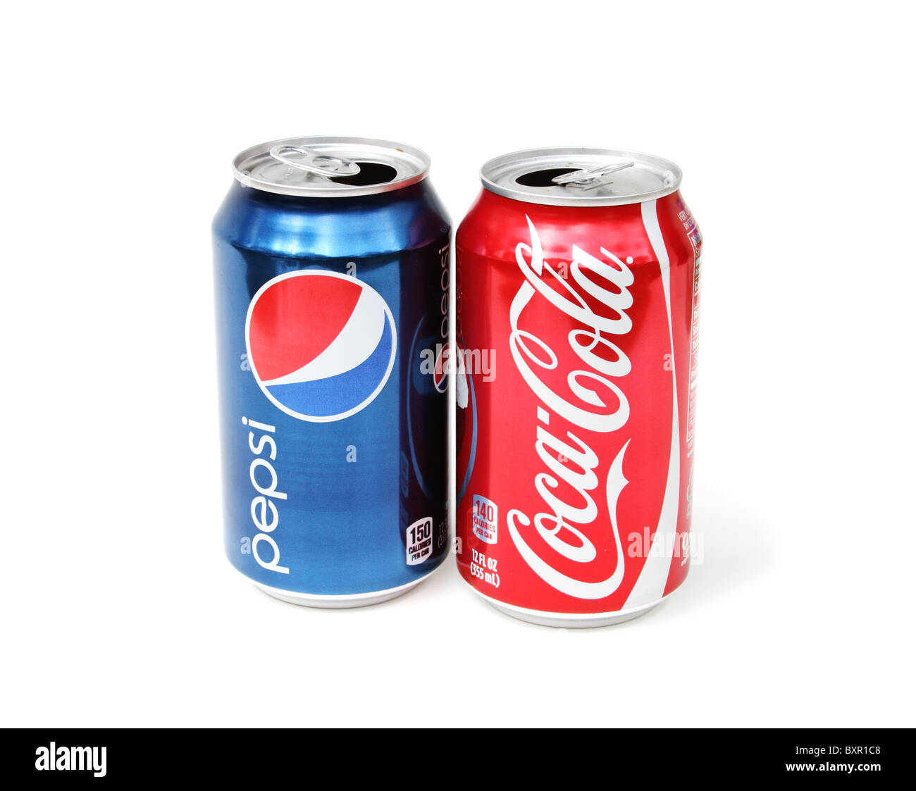 Competing cola brands: Coca Cola and Pepsi. Soda pop cans. Stock Photo