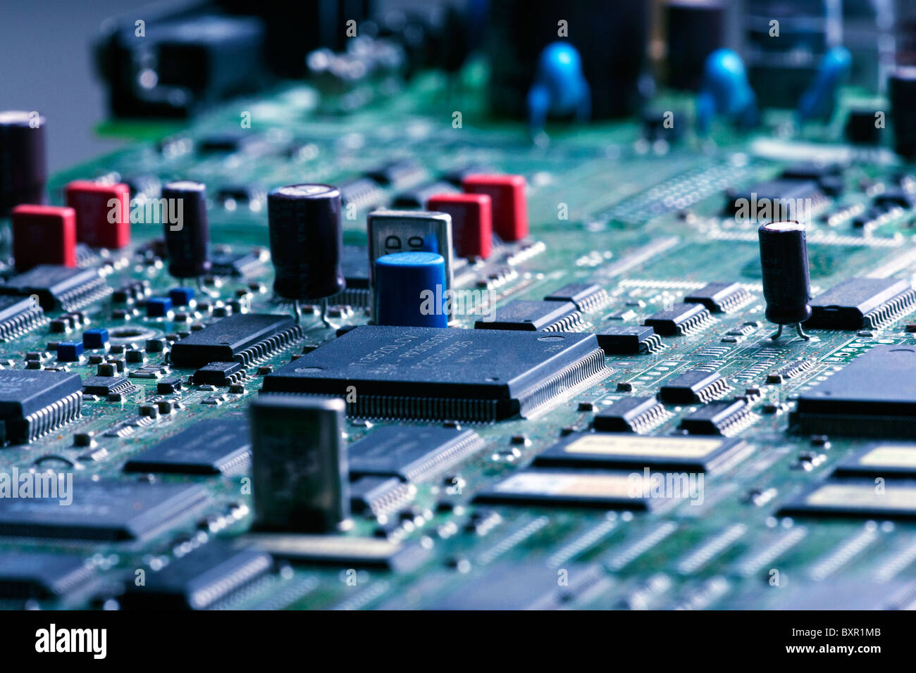 printed circuit board showing various electronic components Stock Photo
