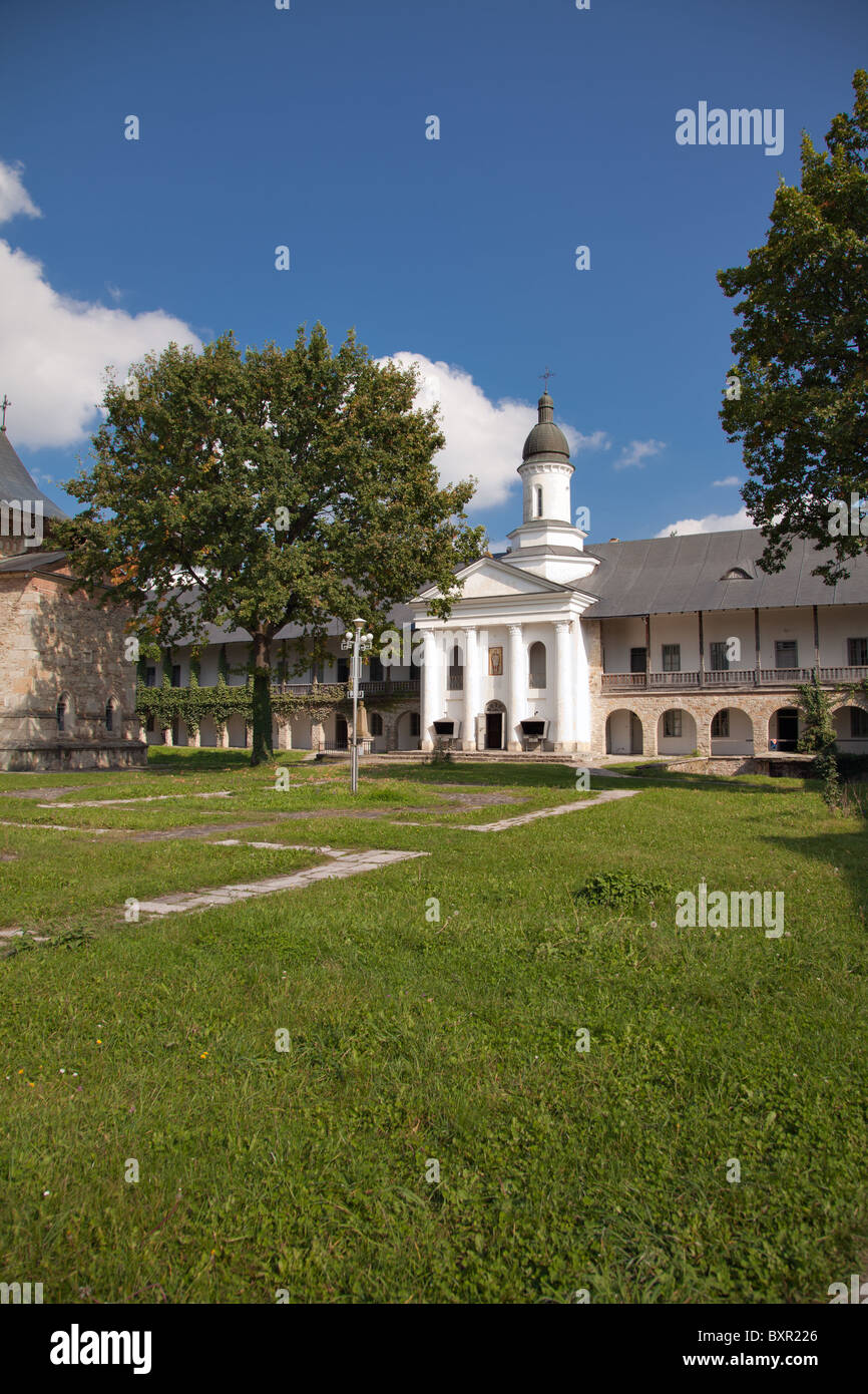 Interior courtyard and church at Neamt Monastery in Romania. Stock Photo