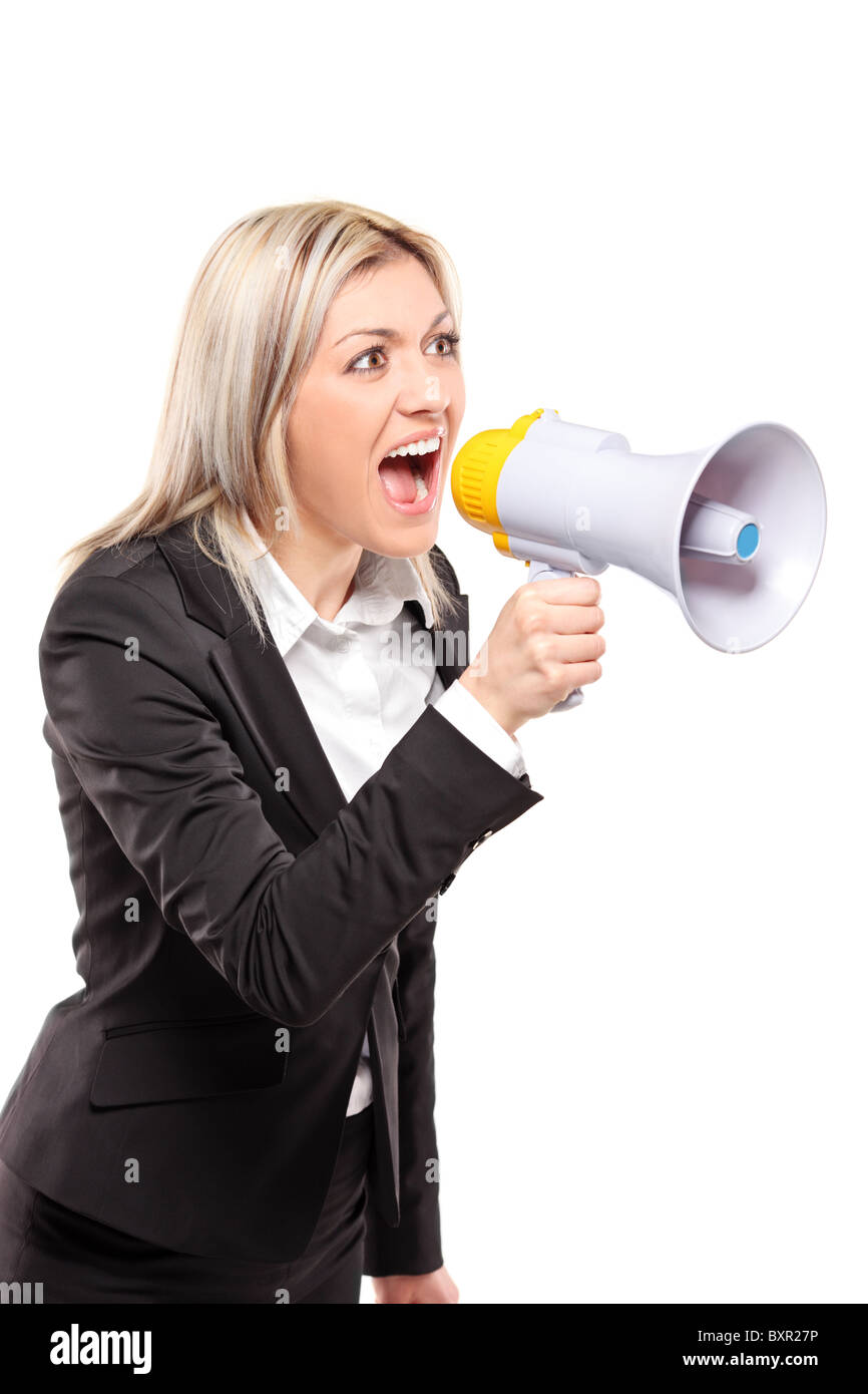 Frustrated businesswoman yelling through a megaphone Stock Photo Alamy