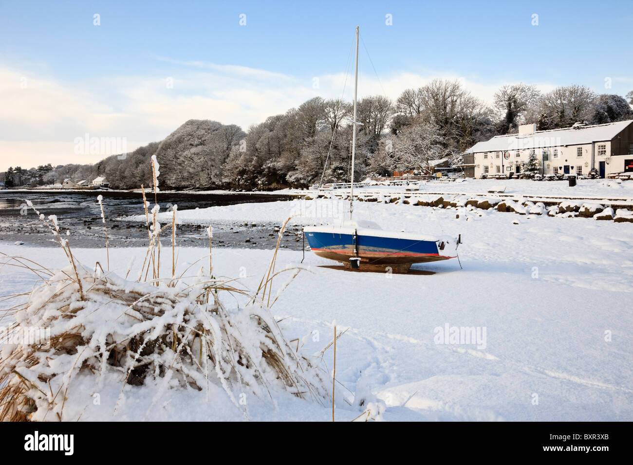 Red Wharf Bay (Traeth Coch), Isle of Anglesey, North Wales, UK. Snow