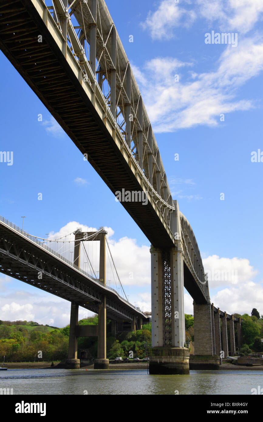 The road and rail bridges across the river Tamar at Saltash Stock Photo