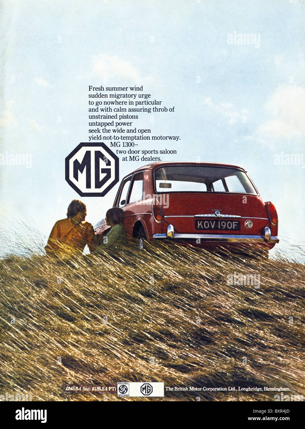 MG 1300 2 door sports saloon car full page advertisement in magazine colour supplement circa 1969 Stock Photo