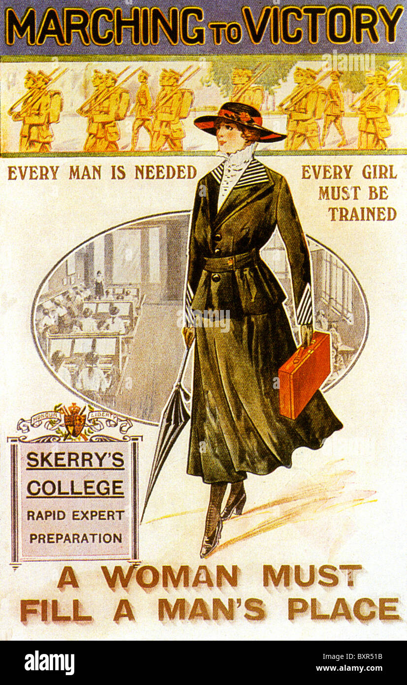 MARCHING TO VICTORY  Advert from Skerry's College which prepared candidates for the Civil Service for women candidates in WWI Stock Photo