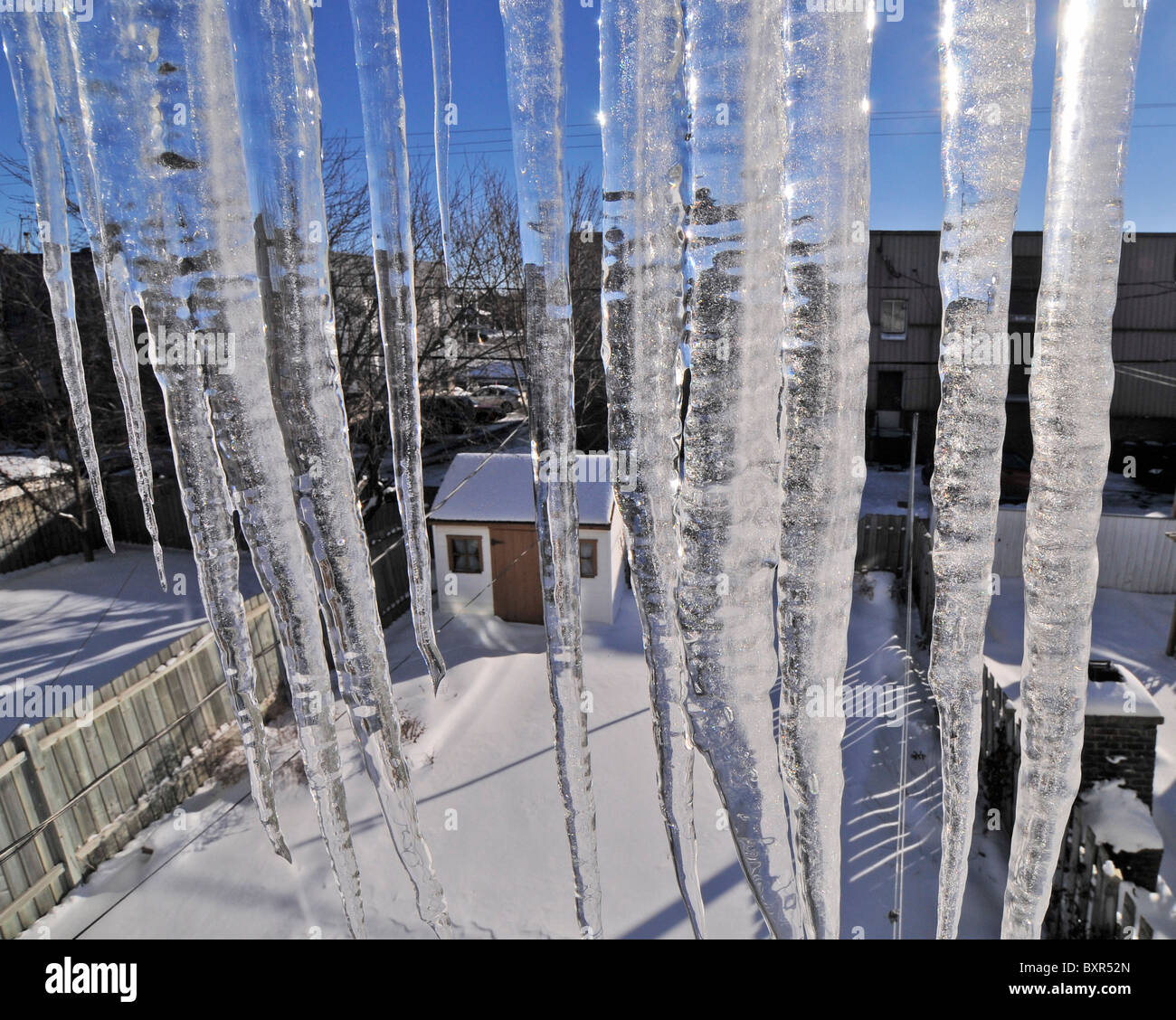 Icicles formed outside a window depicting a winter in Canada. Stock Photo